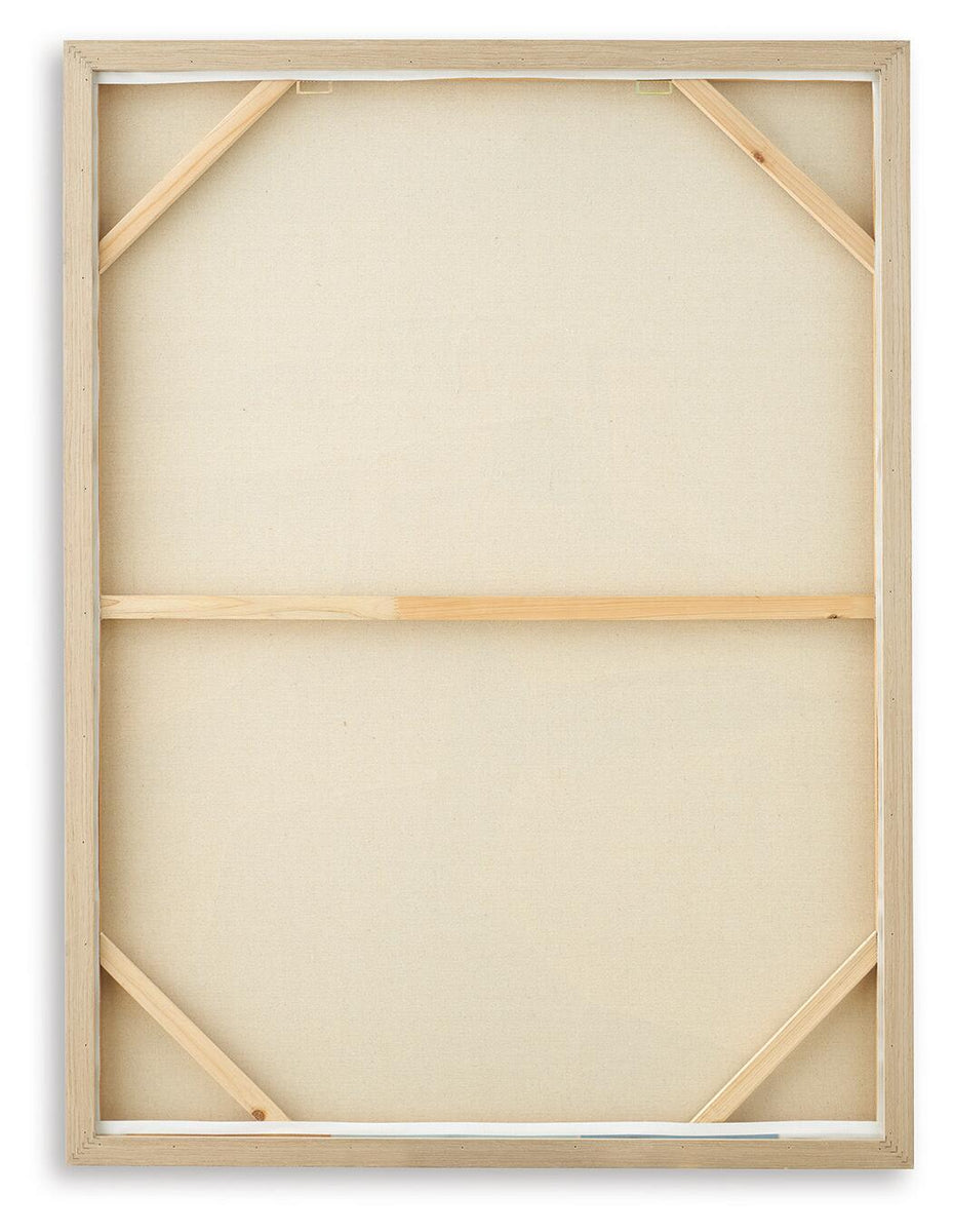 Back of framed wall art with wooden supports and hanging hardware