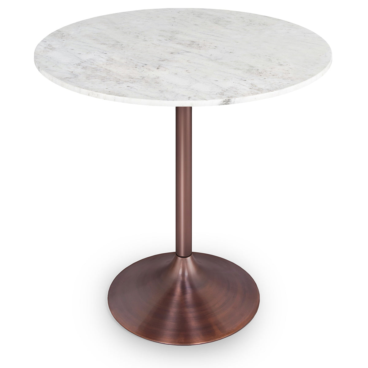 Round dining table with a white veined top and copper-tone pedestal base