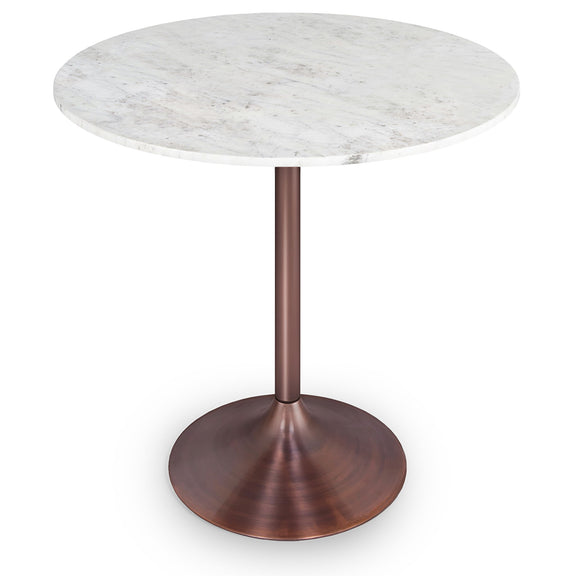 Round dining table with a white veined top and copper-tone pedestal base