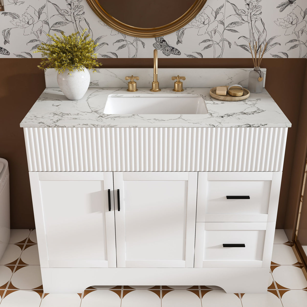 White bathroom vanity with marble-look countertop, sink, two doors, two drawers, gold faucets