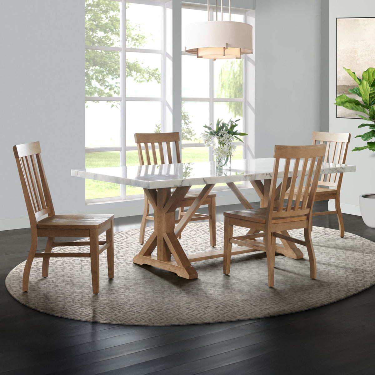 Dining set with glass-top rectangular table and four wood chairs