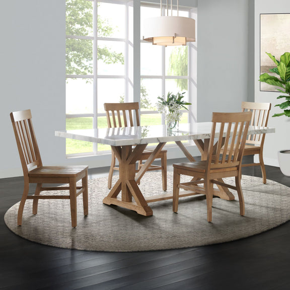 Dining set with glass-top rectangular table and four wood chairs