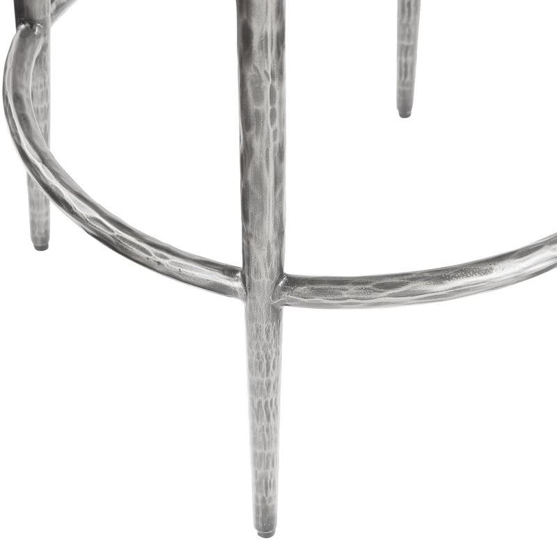 Antique silver metal footrest and legs for backless bar stool with upholstered seat