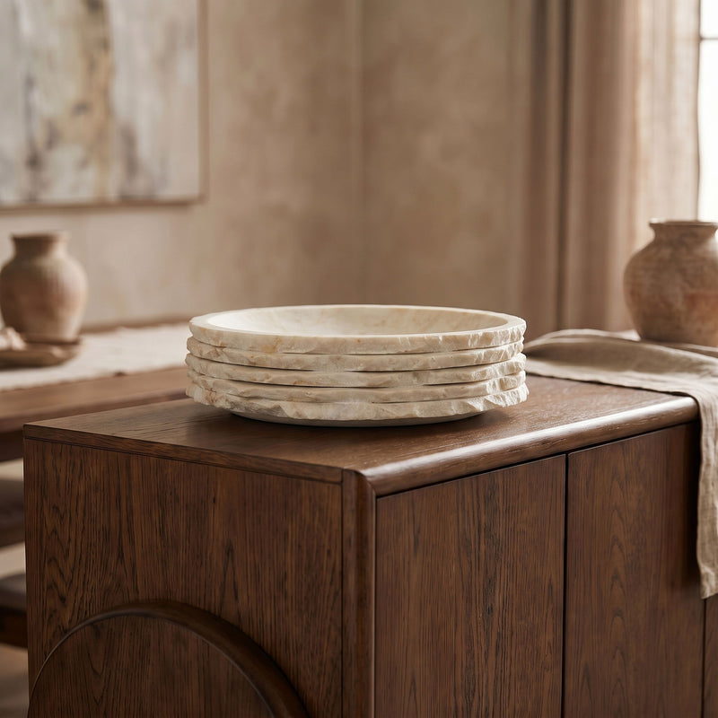 Stack of Caesar genuine marble bowls in white with layered rims