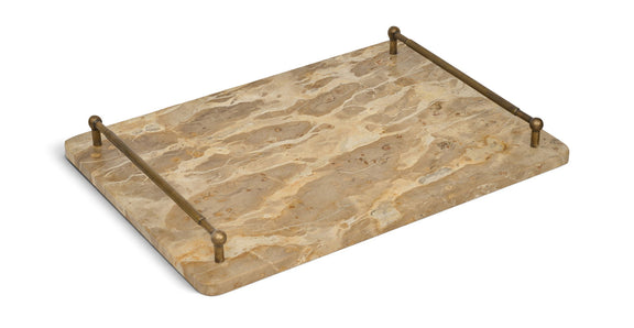 Beige marble serving tray with corner metal posts and wavy light veins