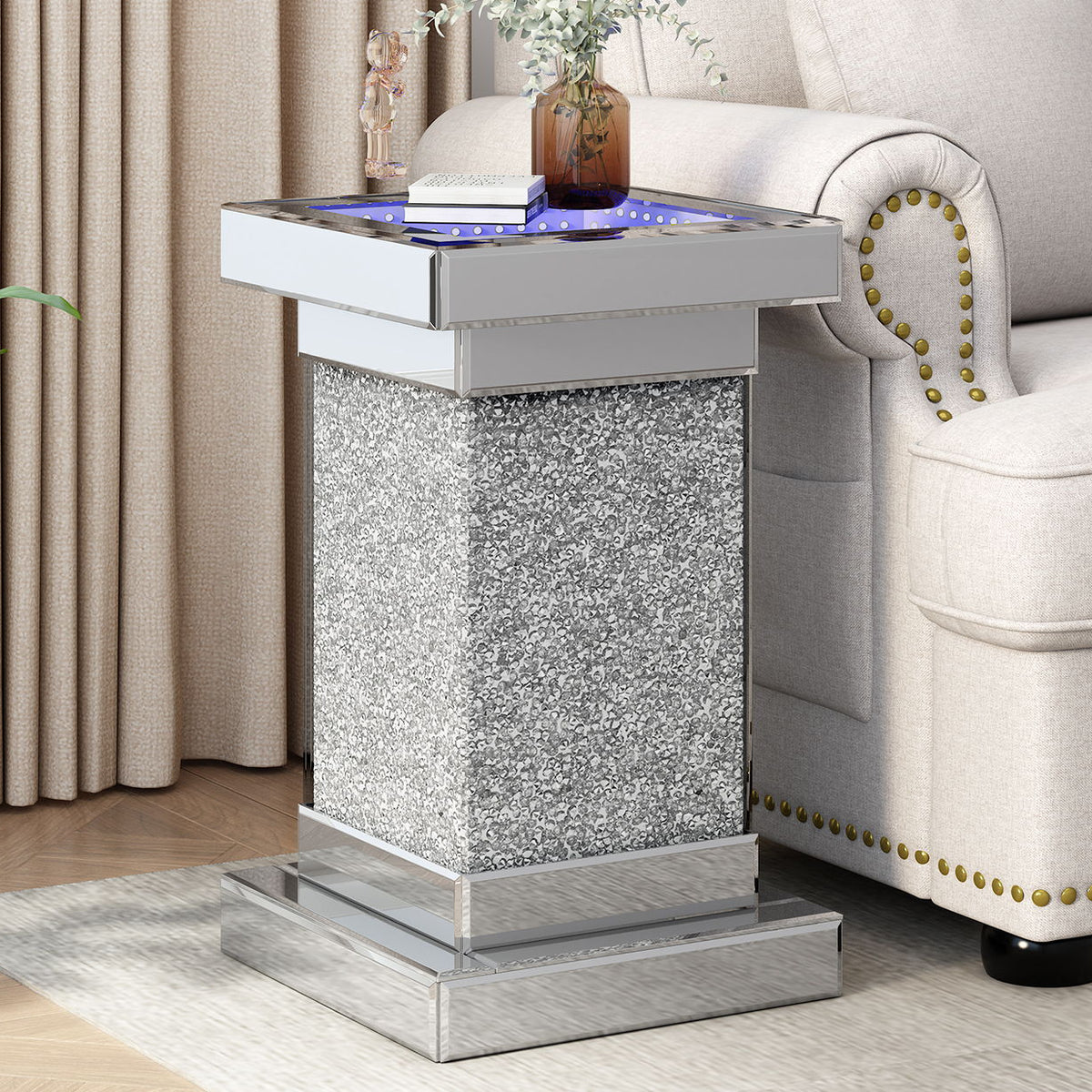 Square Mirrored End Table With Led Lights, Modern Side Table With Crystal Inlay For Living Room