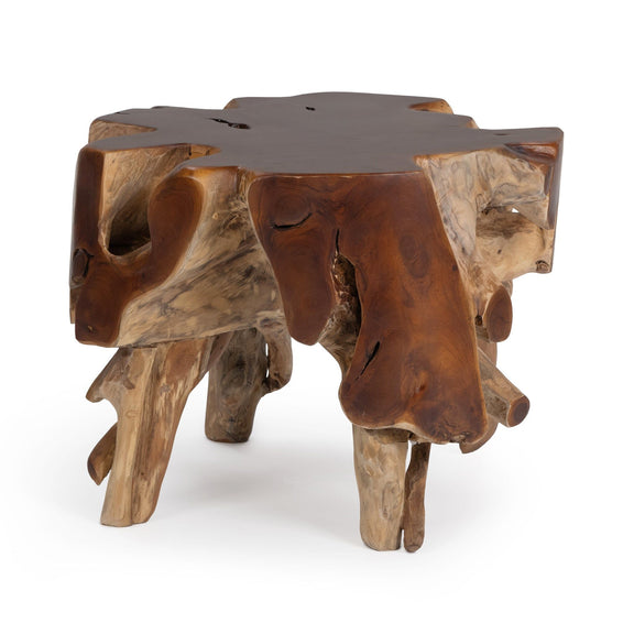 Rustic carved wood table with thick dark brown top and four twisted root legs