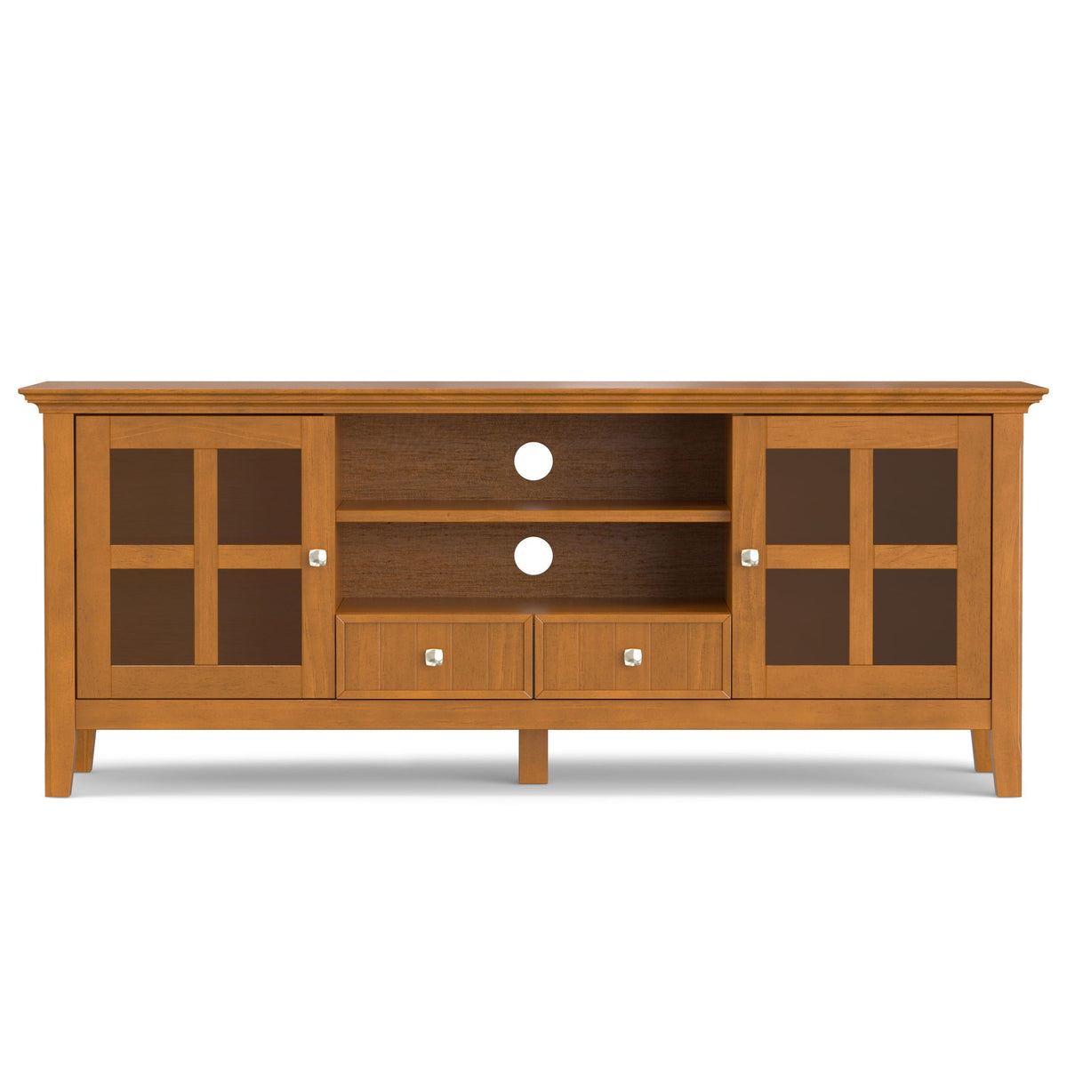 Light brown wood TV media stand with glass-front cabinets and two center drawers.