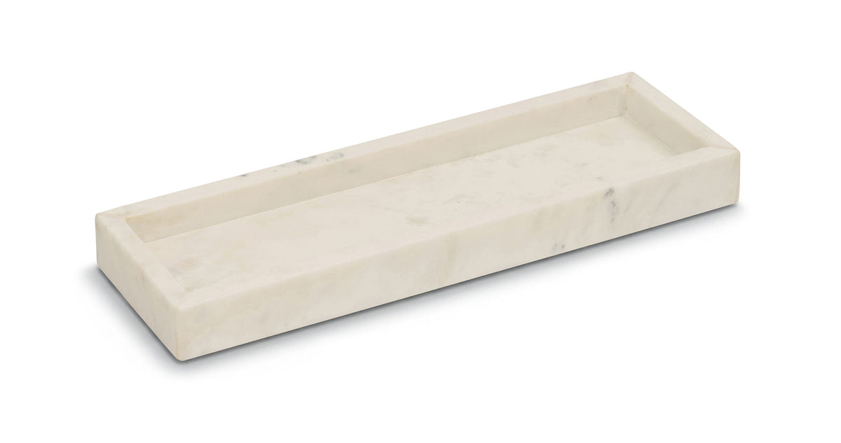 Rectangular white marble tray with smooth surface and raised edges.