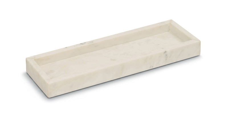 Rectangular white marble tray with smooth surface and raised edges.