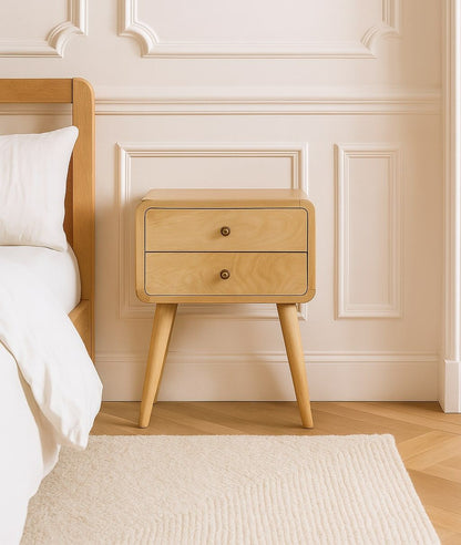 Curved nightstand with two drawers, light tan wood finish, round metal knobs, tapered legs.
