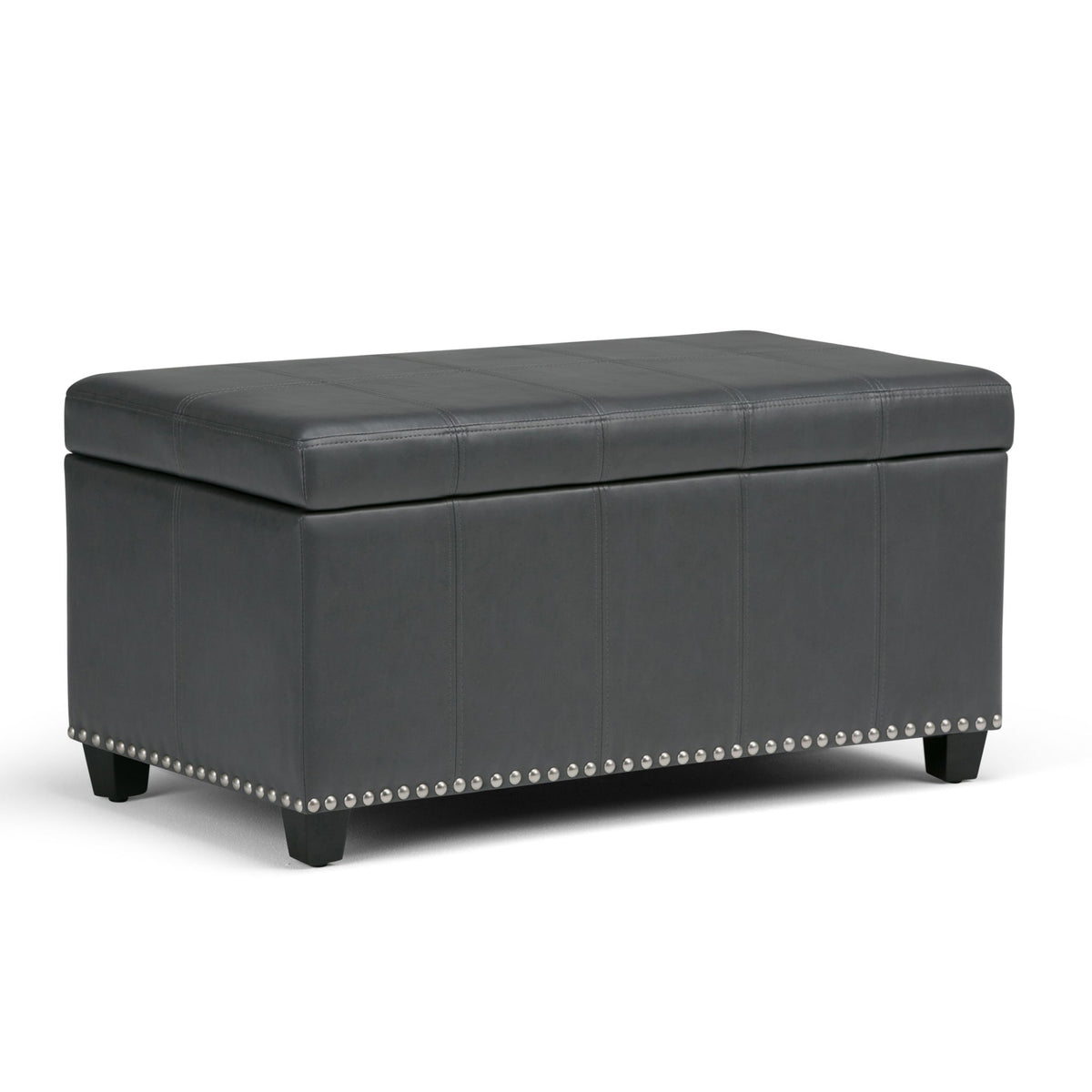 Faux leather storage ottoman bench, dark gray, tufted top and nailhead trim, hinged lid