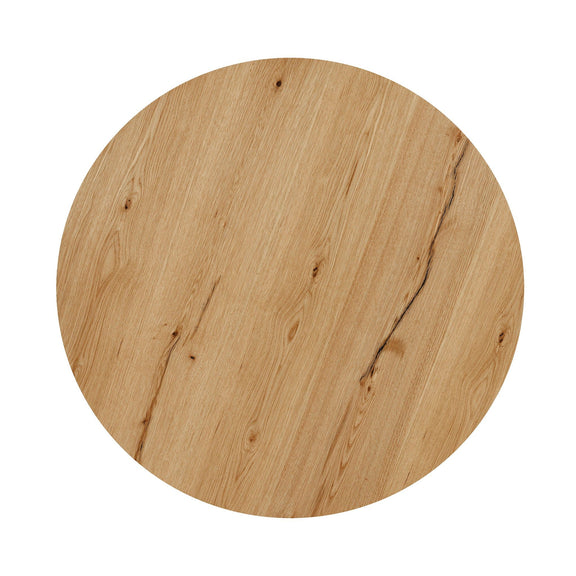 Round coffee table tabletop in natural wood with visible knots and grain