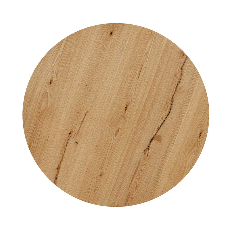 Round coffee table tabletop in natural wood with visible knots and grain