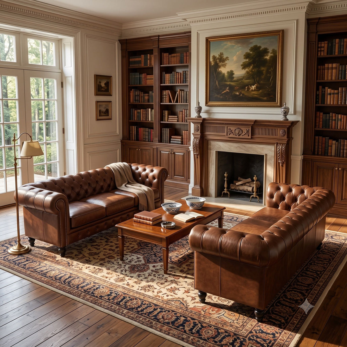 Dark brown two-piece sofa set with button-tufted backs and rolled arms