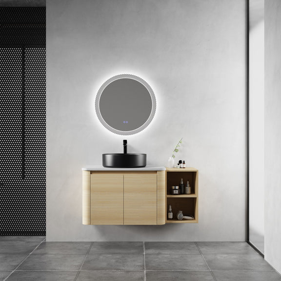 Mounted bathroom vanity with vessel sink and open shelf storage beside cabinet