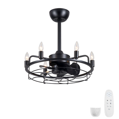 Black ceiling fan with wire cage, 4 candelabra-style bulbs, and included remote controls