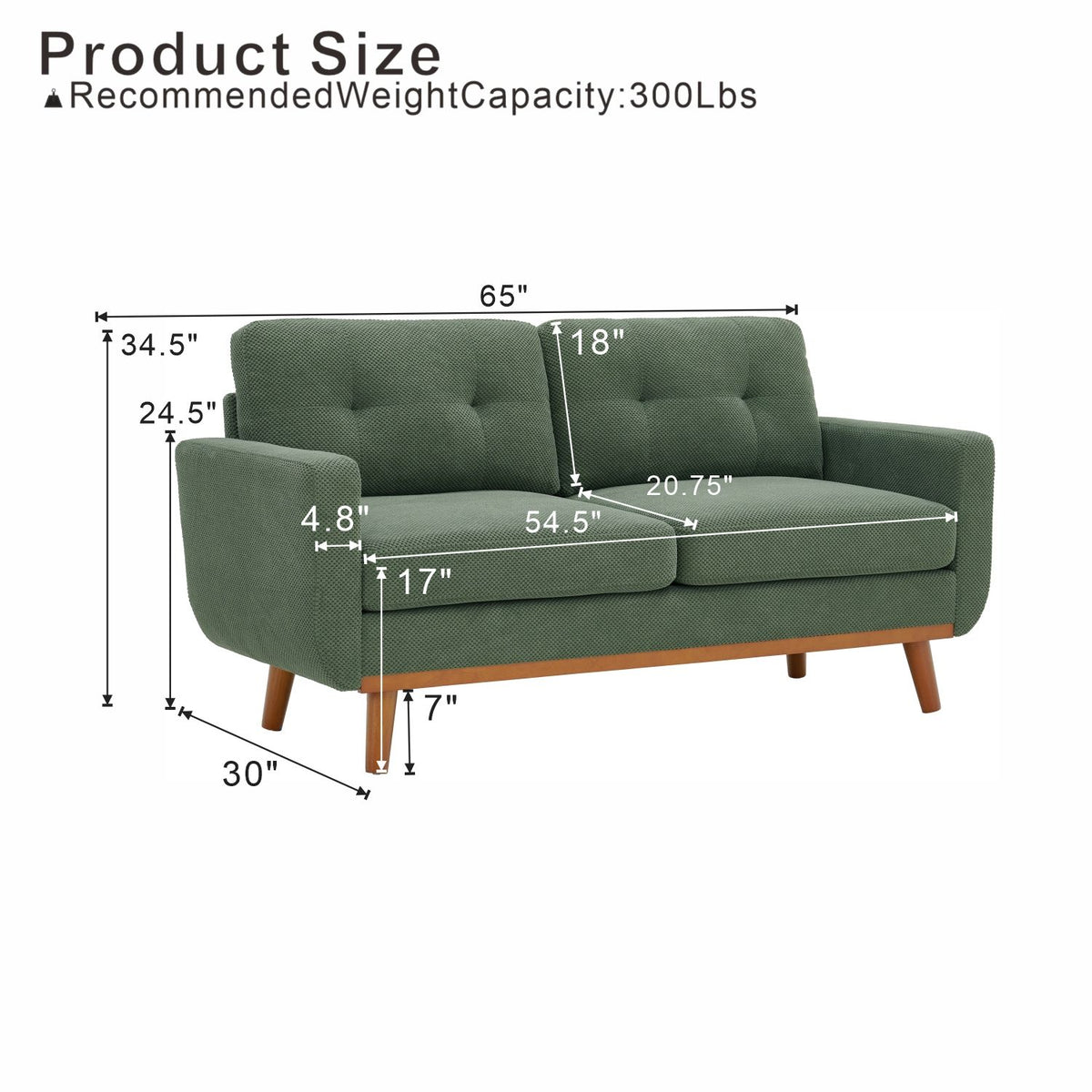 Green two-seat sofa size diagram showing dimensions and 300 lb weight capacity