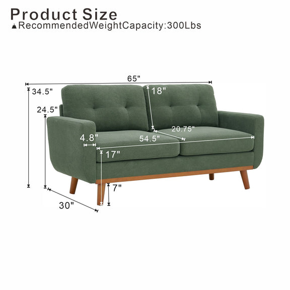 Green two-seat sofa size diagram showing dimensions and 300 lb weight capacity