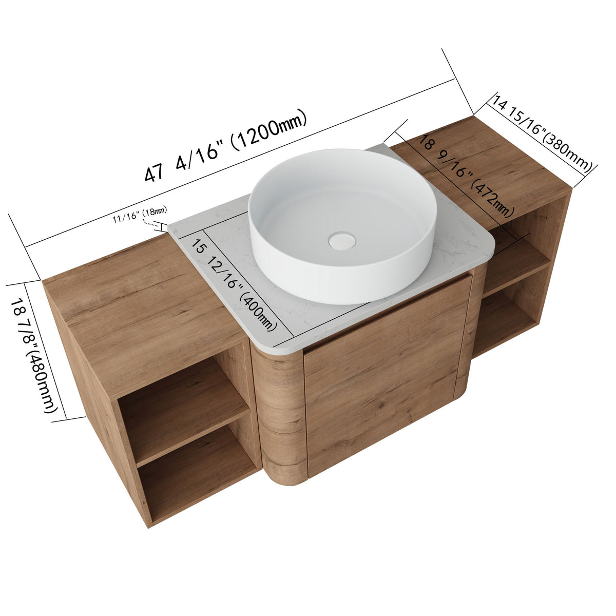 Bathroom vanity with white vessel sink and two side open compartments; top view with measurements
