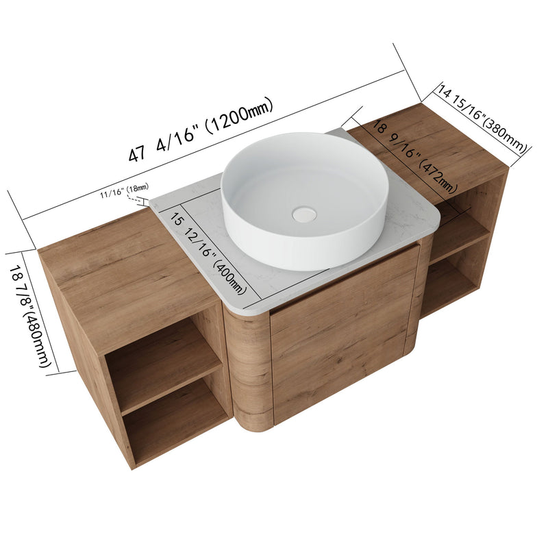 Bathroom vanity with white vessel sink and two side open compartments; top view with measurements