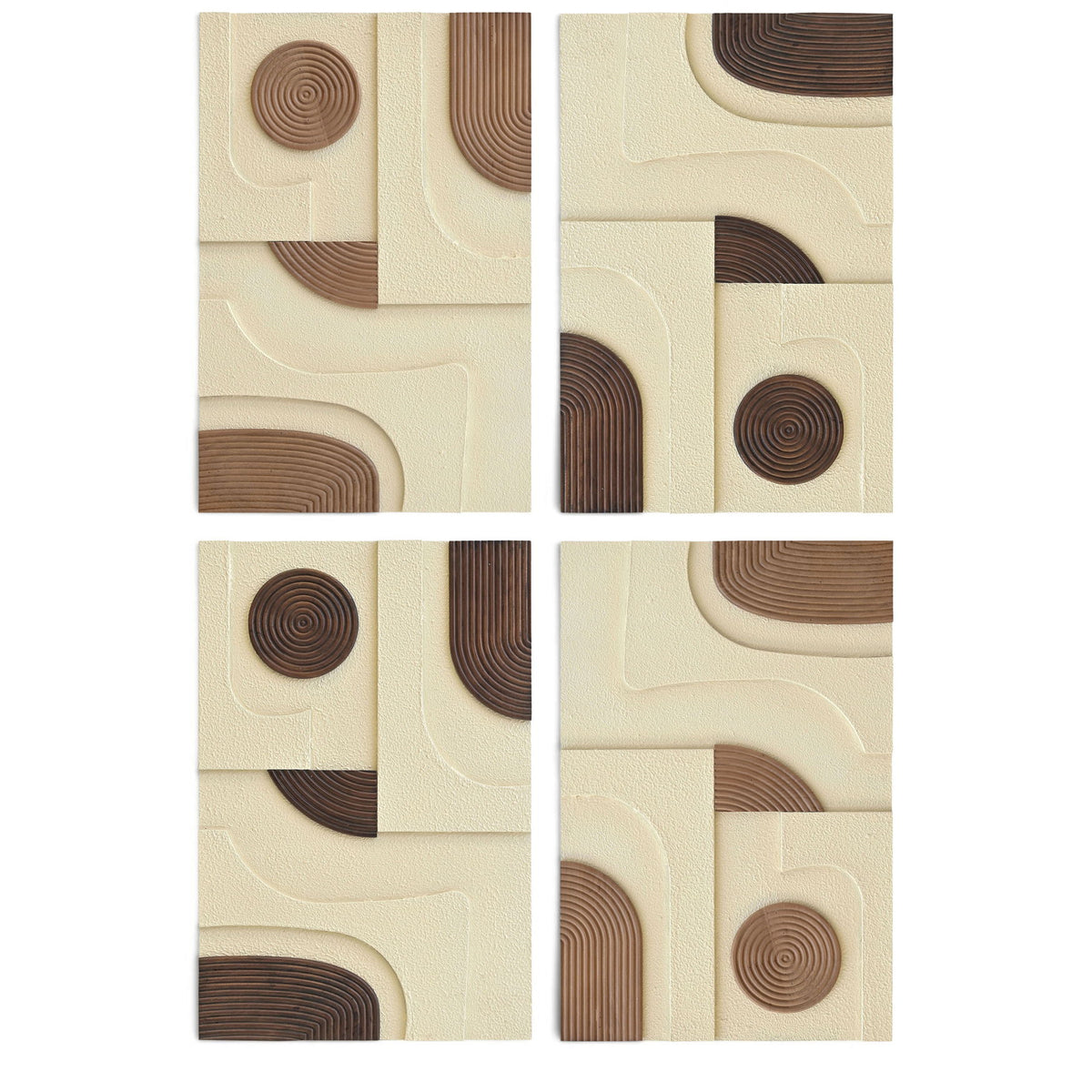 4-piece mango wood wall art with circular and arc inlays on light cream panels