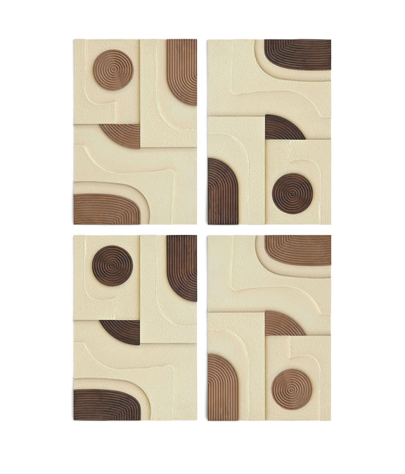 4-piece mango wood wall art with circular and arc inlays on light cream panels