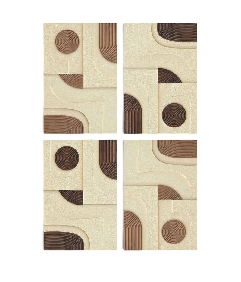 4-piece mango wood wall art with circular and arc inlays on light cream panels