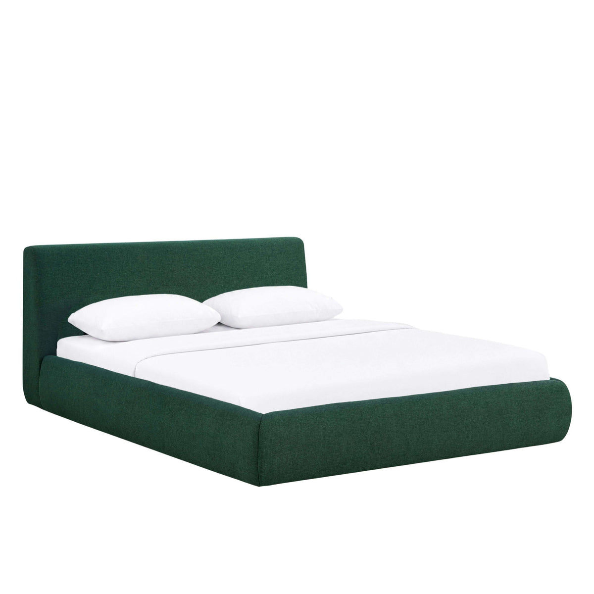 Dark green upholstered platform bed with tall headboard and white pillows