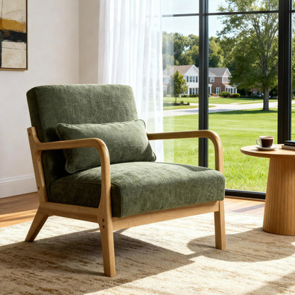 Mid Century Modern Armchair, Accent Chair with Solid Wood Frame and Detachable Lumbar Pillow for Living Room, Bedroom, Office, Army Green, Mid-Century Modern