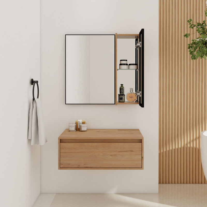 Imitative oak wall mirror cabinet with door and mirrored panel, open interior