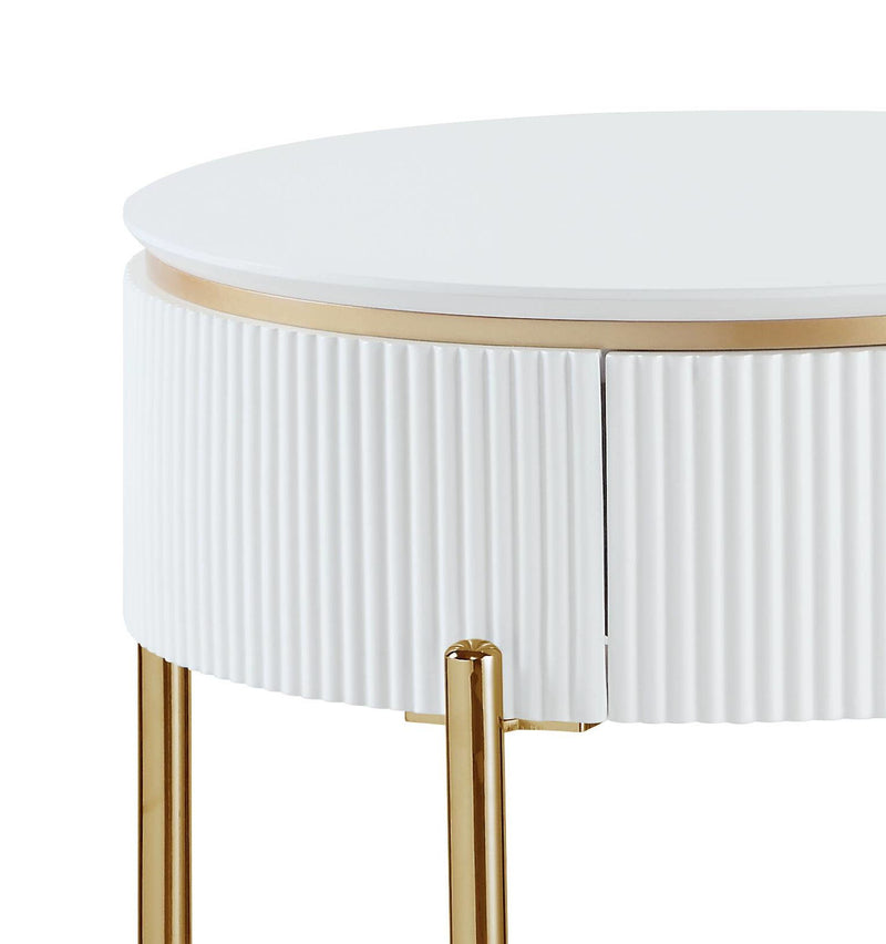 White ribbed end table front with gold trim and rounded top surface