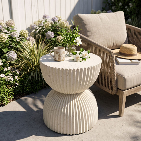 Beige speckled ribbed side table with two stacked ribbed bowl shapes