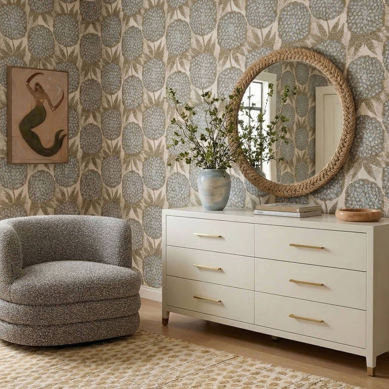 Cream faux shagreen 6-drawer dresser with gold bar pulls, three-over-three layout