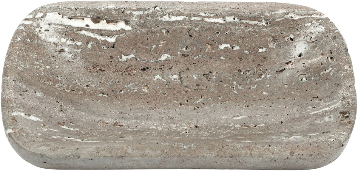 Gray travertine tray with mottled surface and rounded edges.