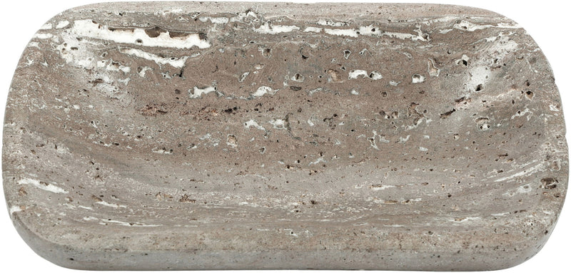 Gray travertine tray with mottled surface and rounded edges.
