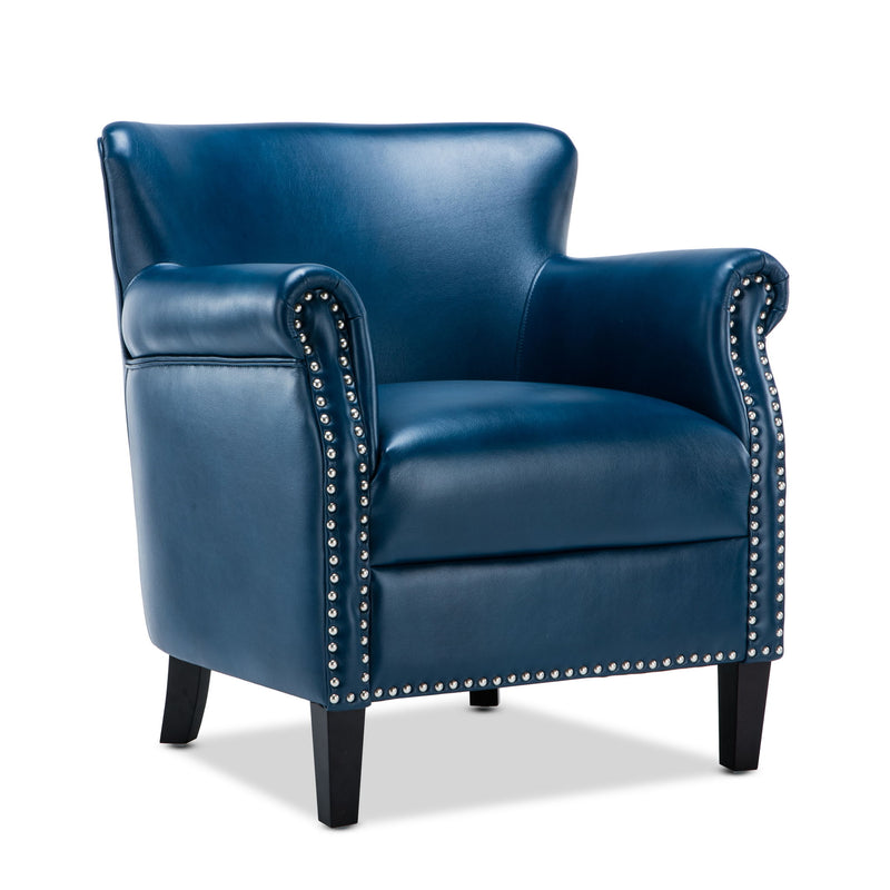 Blue club chair with tufted arms and nailhead trim, dark legs, cushioned seat