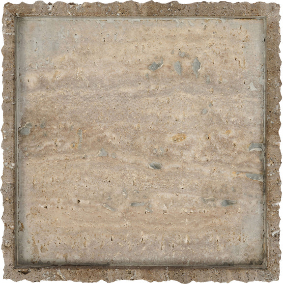 Square beige marble tray insert with speckled texture and thick, raw border.