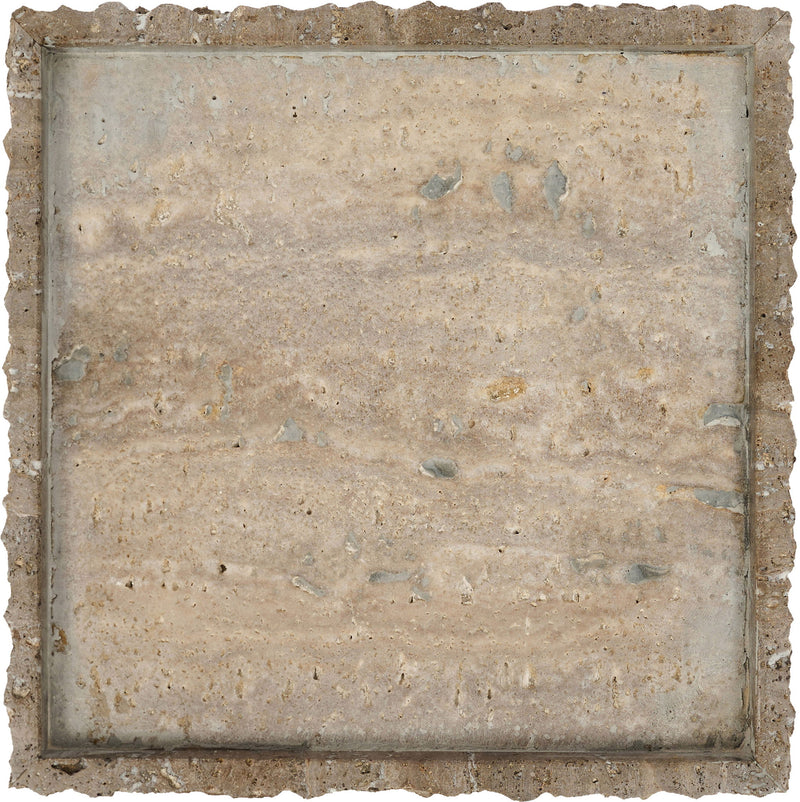 Square beige marble tray insert with speckled texture and thick, raw border.