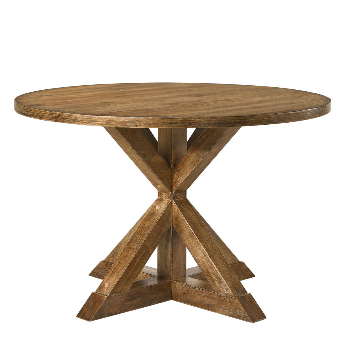 Round oak dining table with X-style cross-leg pedestal base