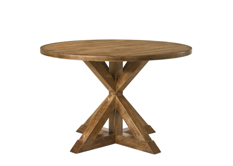 Round oak dining table with X-style cross-leg pedestal base