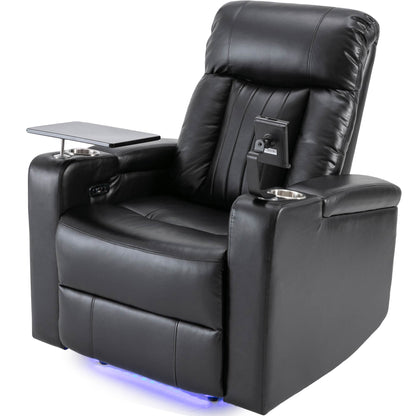 Black power recliner chair with side arm storage and swivel tray table