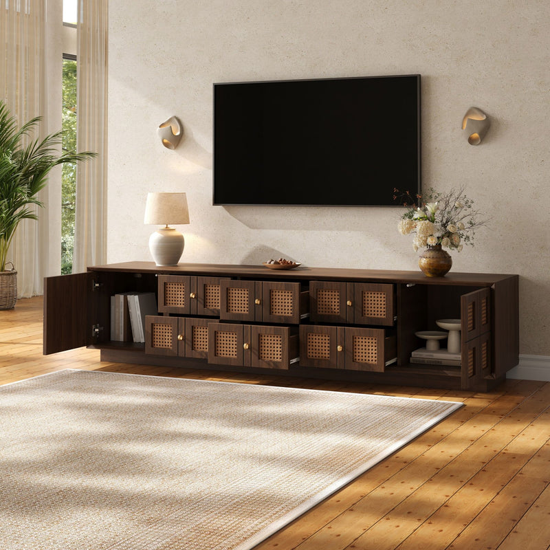 Walnut TV stand with open media shelf, 6 drawers, and 2 cabinet doors with lattice fronts