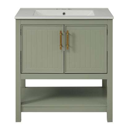 Green bathroom vanity cabinet with ceramic sink and two-door storage