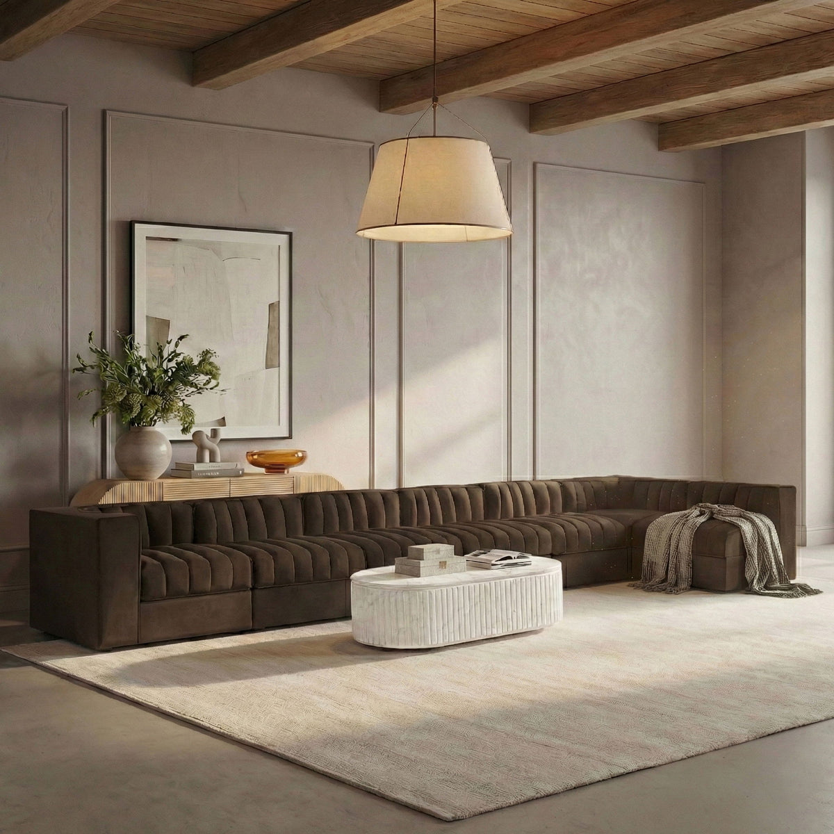 Rummi - Velvet Performance Fabric Upholstered 7 Piece Modular Sectional, L-Shaped (Right)