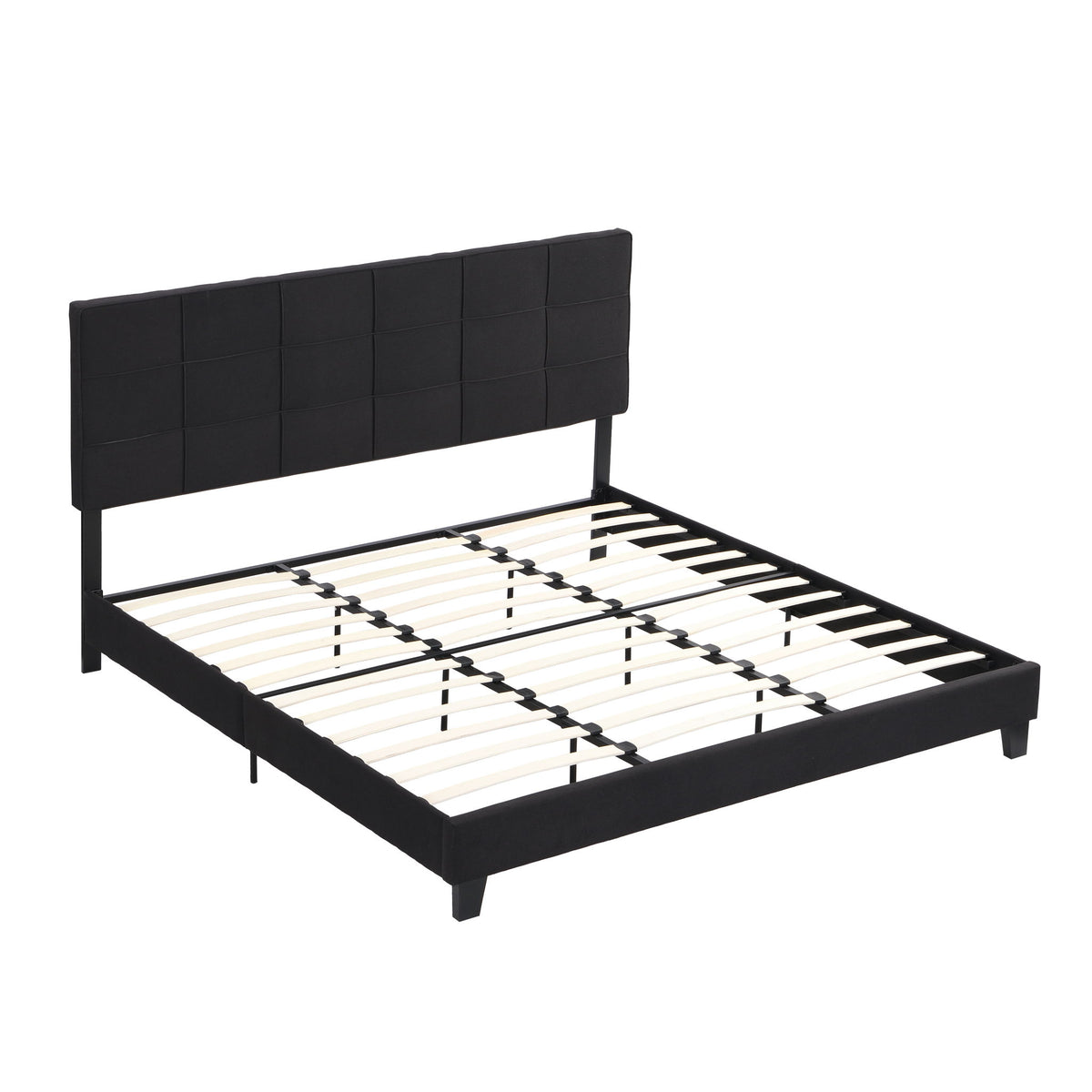 King Size Upholstered Platform Bed Frame With Linen Fabric Headboard, Wood Slat Support - Black