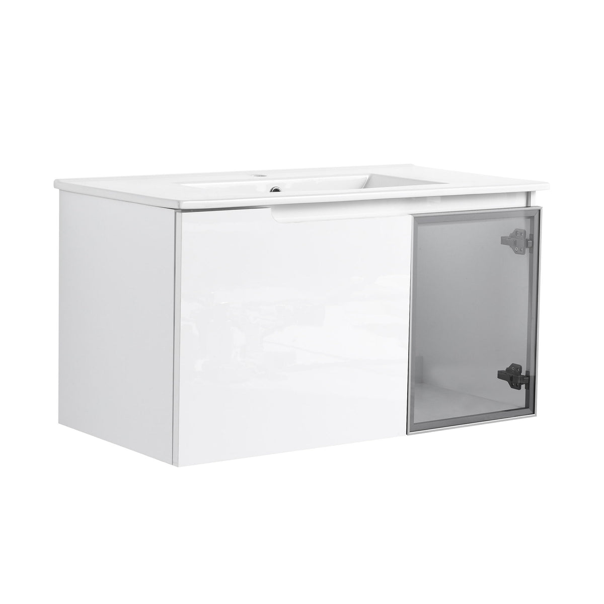 White wall-mounted bathroom vanity with integrated sink and right-side glass cabinet door
