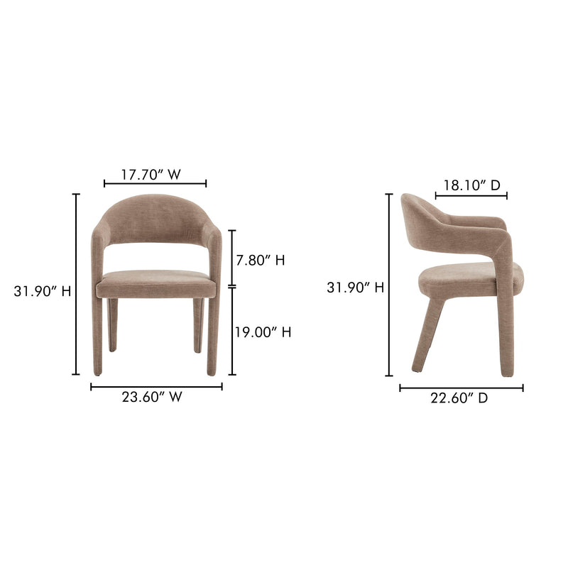 Camel upholstered dining chair shown front and side with width, depth, and height measurements