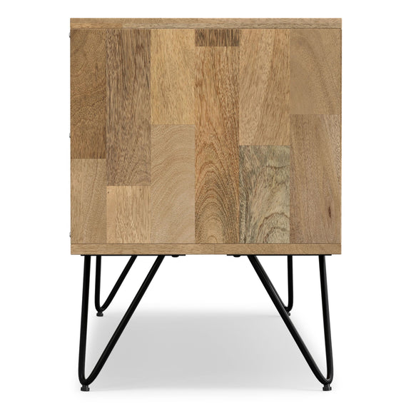 Light brown patchwork wood TV media stand with black splayed metal legs
