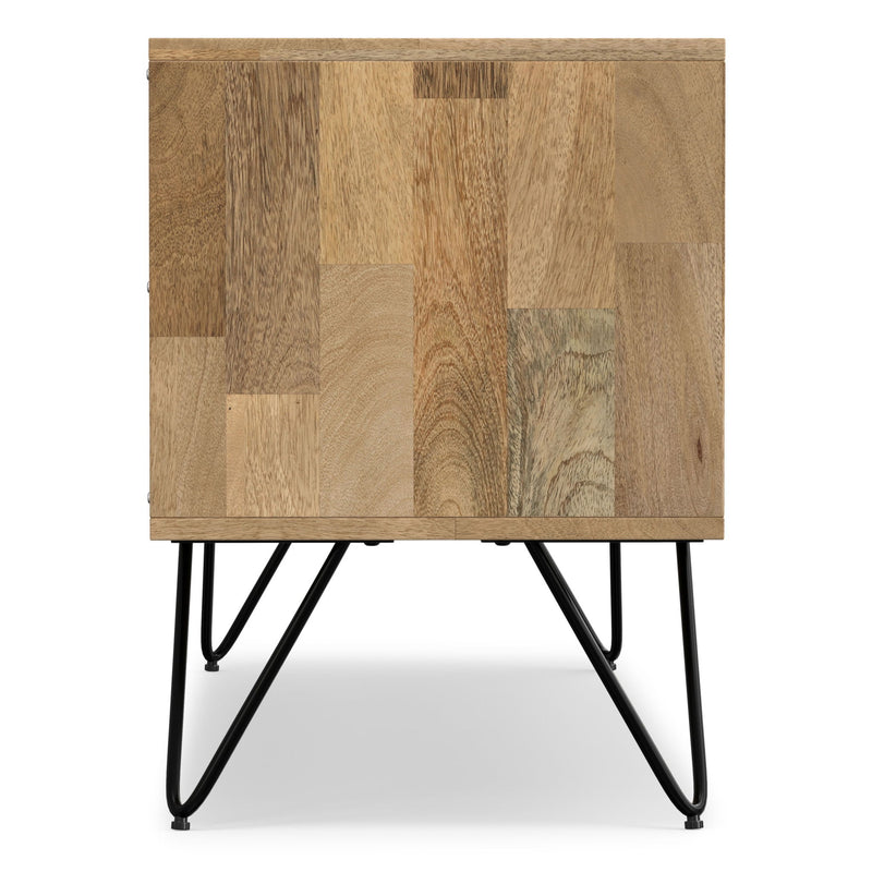 Light brown patchwork wood TV media stand with black splayed metal legs